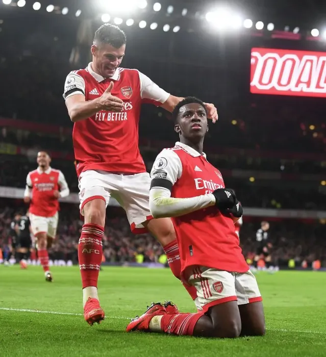 Framed Print : Arsenal's Nketiah and Xhaka Celebrate Goals Against West Ham in 2022-23 Premier League