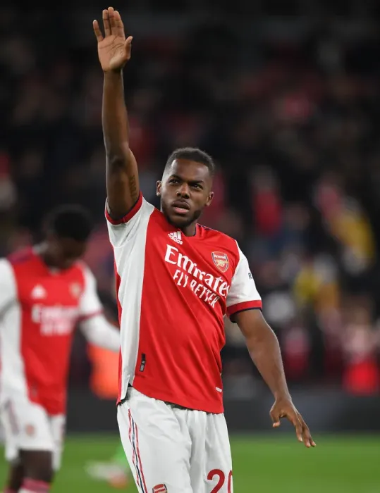 Framed Print : Arsenal's Nuno Tavares Celebrates with Fans after Arsenal v West Ham United Victory
