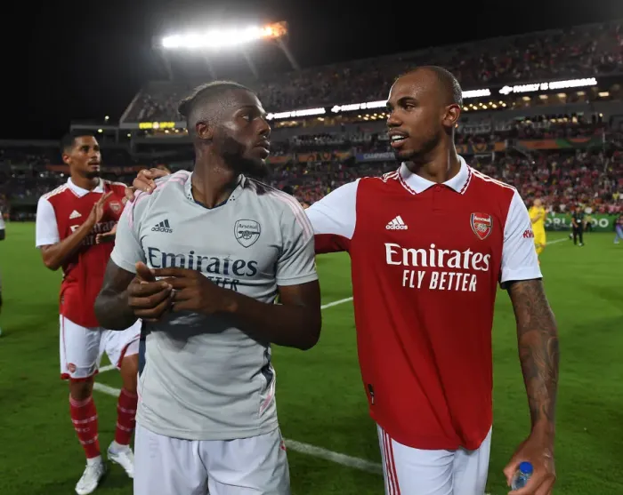 Framed Print : Arsenal's Nuno Tavares and Gabriel Magalhaes Reunite After Chelsea Clash in Florida Cup 2022-23