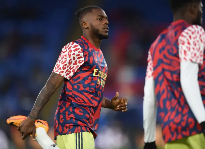 Framed Print : Arsenal's Nuno Tavares Warming Up Ahead of Crystal Palace Clash - Premier League 2021-22