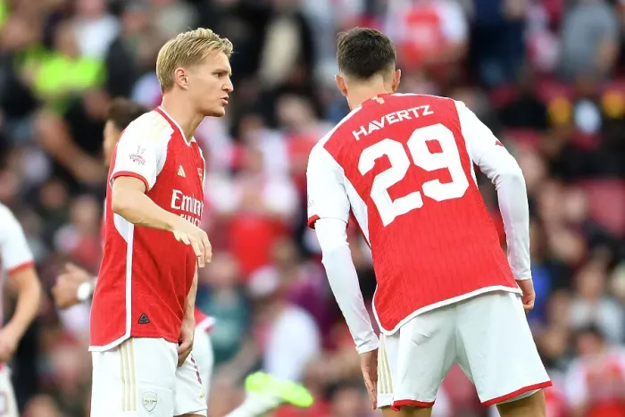 Framed Print : Arsenal's Odegaard and Havertz: Deep in Conversation during Arsenal FC vs AS Monaco at Emirates Cup 2023-24
