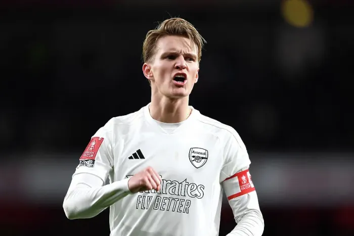 Framed Print : Arsenal's Odegaard Reacts in All-White: Uniting Against Knife Crime in FA Cup Clash vs. Liverpool Framed Print : Arsenal's Odegaard Reacts in All-White: Uniting Against Knife Crime in FA Cup Clash vs. Liverpool