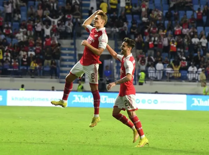 Framed Print : Arsenal's Odegaard and Vieira Celebrate First Goals in Arsenal's Win Against AC Milan in Dubai Super Cup, 2022-23