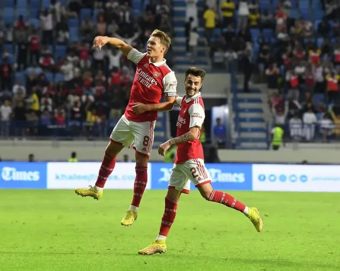 Framed Print : Arsenal's Odegaard and Vieira: Celebrating Goals Against AC Milan at Dubai Super Cup Framed Print : Arsenal's Odegaard and Vieira: Celebrating Goals Against AC Milan at Dubai Super Cup