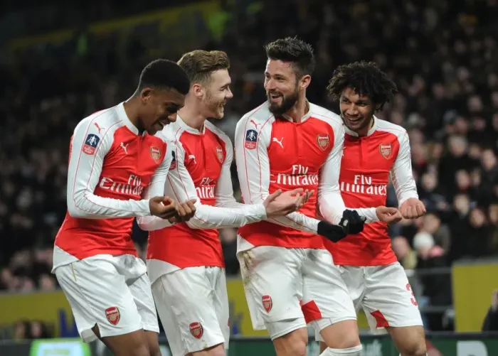 Framed Print : Arsenal's Olivier Giroud, Calum Chambers, Mohamed Elneny, and Alex Iwobi Celebrate FA Cup Goal vs Hull City Framed Print : Arsenal's Olivier Giroud, Calum Chambers, Mohamed Elneny, and Alex Iwobi Celebrate FA Cup Goal vs Hull City