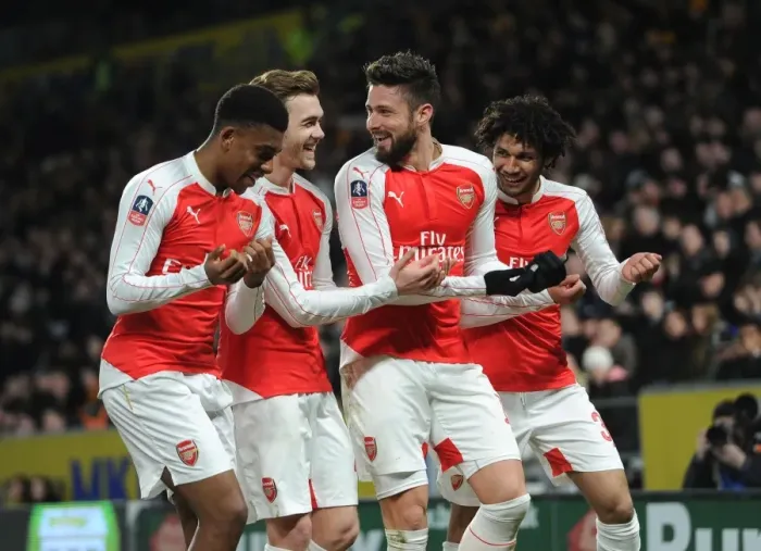 Framed Print : Arsenal's Olivier Giroud, Calum Chambers, Mohamed Elneny, and Alex Iwobi Celebrate FA Cup Goal Against Hull City Framed Print : Arsenal's Olivier Giroud, Calum Chambers, Mohamed Elneny, and Alex Iwobi Celebrate FA Cup Goal Against Hull City