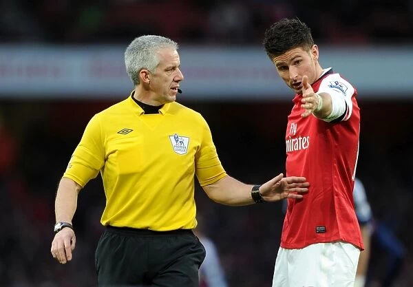 Arsenal's Olivier Giroud in Discussion with Referee Chris Foy during Arsenal v Stoke City Match, Premier League 2012-13
