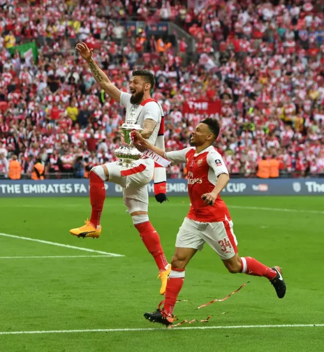 Framed Print : Arsenal's Olivier Giroud and Francis Coquelin Celebrate FA Cup Victory over Chelsea