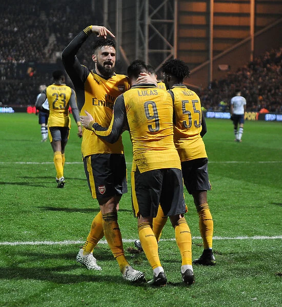 Arsenal's Olivier Giroud and Lucas Perez Celebrate Goals Against Preston North End in FA Cup Third Round