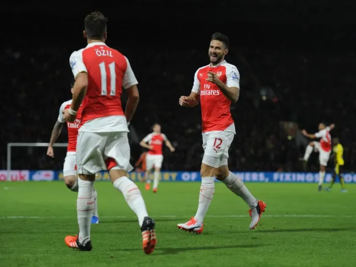 Framed Print : Arsenal's Olivier Giroud and Mesut Ozil Celebrate Goal Scoring Duo Against Watford (2015 / 16)