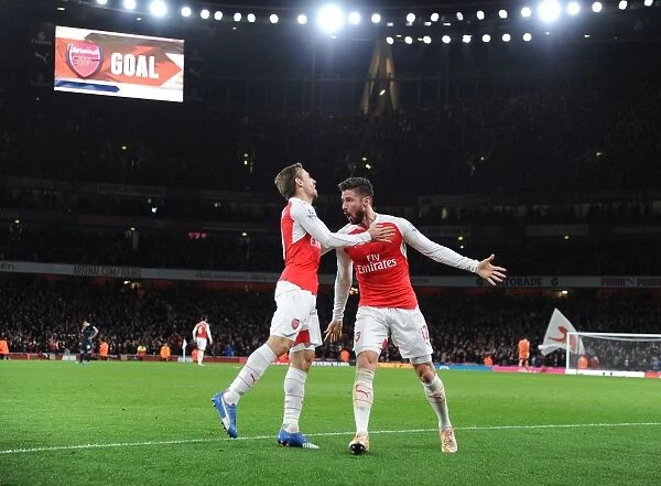 Arsenal's Olivier Giroud and Nacho Monreal Celebrate Goals Against Manchester City (2015-16)