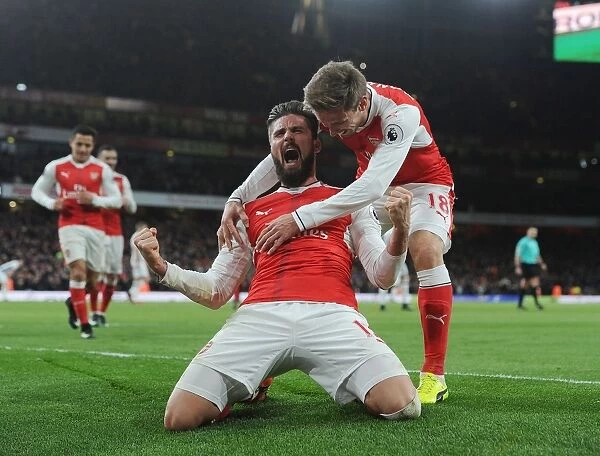 Arsenal's Olivier Giroud and Nacho Monreal Celebrate Goal Against West Bromwich Albion (2016-17)