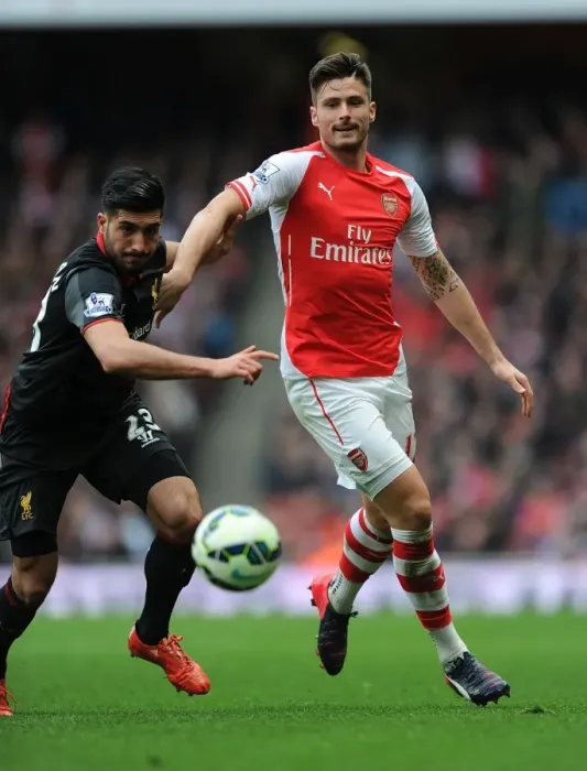 Framed Print : Arsenal's Olivier Giroud Outsmarts Liverpool's Emre Can in Intense Arsenal v Liverpool Clash (April 2015) Framed Print : Arsenal's Olivier Giroud Outsmarts Liverpool's Emre Can in Intense Arsenal v Liverpool Clash (April 2015)