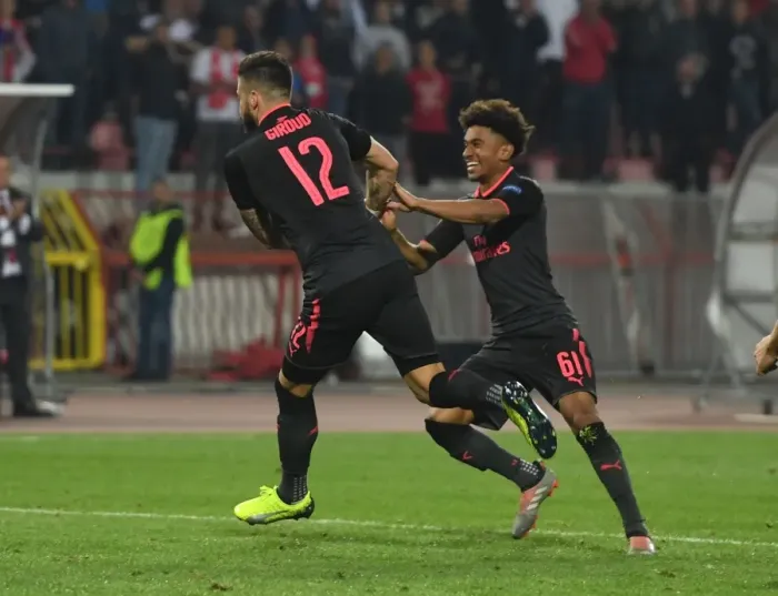 Framed Print : Arsenal's Olivier Giroud and Reiss Nelson Celebrate Goal in Europa League Match against Red Star Belgrade