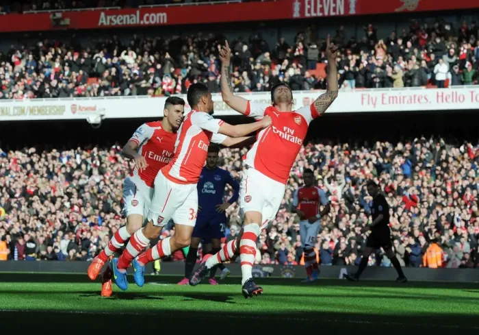 Framed Print : Arsenal's Olivier Giroud Scores, Celebrates with Gabriel and Coquelin vs Everton (2014-15)
