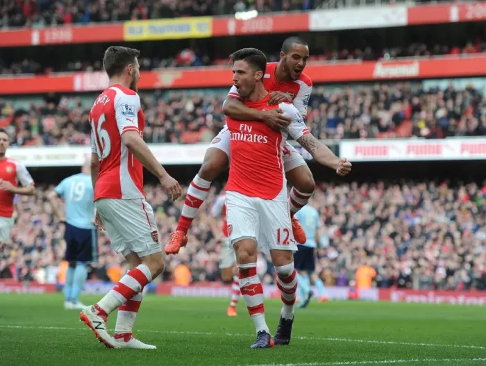 Framed Print : Arsenal's Olivier Giroud Scores, Celebrates with Ramsey and Walcott vs West Ham United (2015) Framed Print : Arsenal's Olivier Giroud Scores, Celebrates with Ramsey and Walcott vs West Ham United (2015)