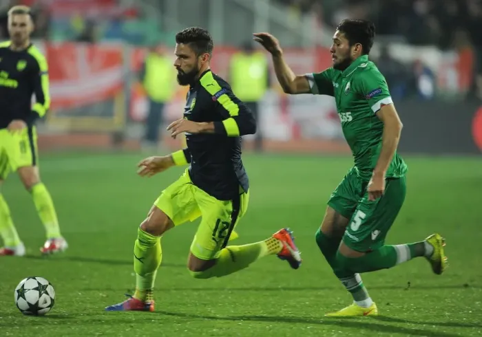 Framed Print : Arsenal's Olivier Giroud Scores Past Ludogorets Jose Luis Palomino in 2016-17 Champions League Clash