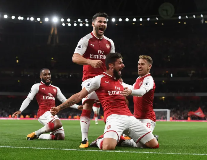 Framed Print : Arsenal's Olivier Giroud, Sead Kolasinac, and Aaron Ramsey Celebrate Goals Against Leicester City (2017-18)