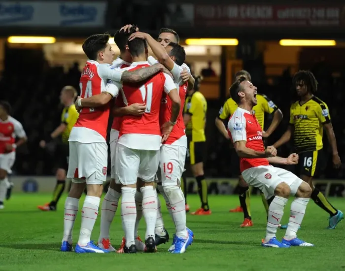 Framed Print : Arsenal's Olivier Giroud and Teammates Celebrate 2-0 Goal Against Watford in Barclays Premier League (2015 / 16)