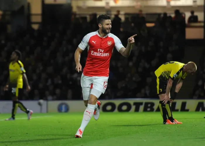 Framed Print : Arsenal's Olivier Giroud and Teammates Celebrate Second Goal Against Watford in Barclays Premier League