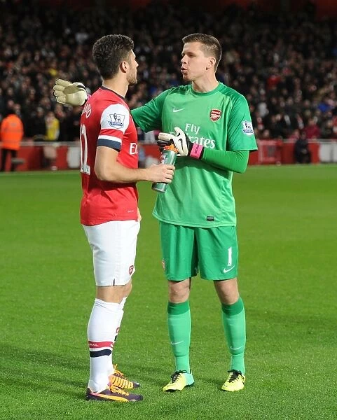 Arsenal's Olivier Giroud and Wojciech Szczesny Pre-Match: Arsenal vs. Liverpool (2013-14)
