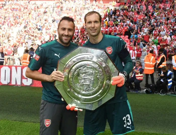 Framed Print : Arsenal's Ospina and Cech Lift the FA Community Shield: Arsenal's Victory over Chelsea, 2017-18