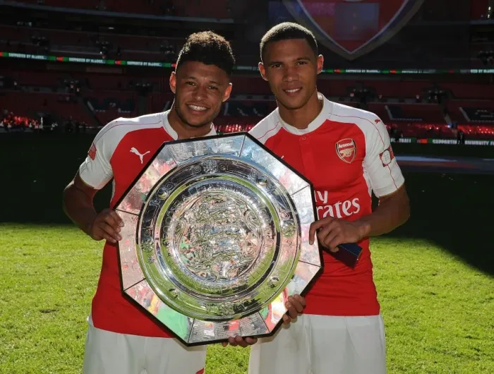 Framed Print : Arsenal's Oxlade-Chamberlain and Gibbs Celebrate after Community Shield Victory over Chelsea Framed Print : Arsenal's Oxlade-Chamberlain and Gibbs Celebrate after Community Shield Victory over Chelsea