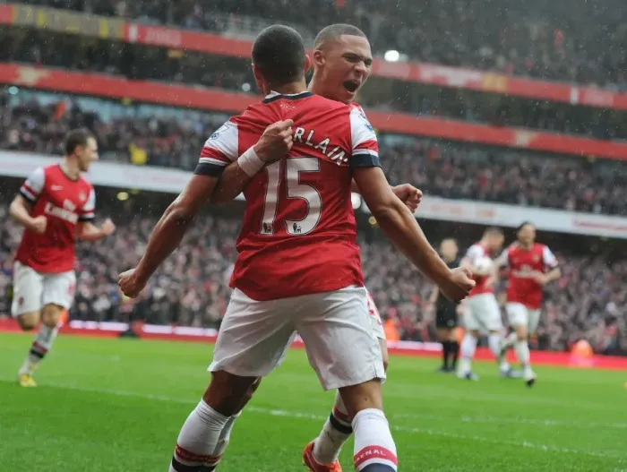 Framed Print : Arsenal's Oxlade-Chamberlain and Gibbs Celebrate Second Goal Against Norwich City (2012-13)