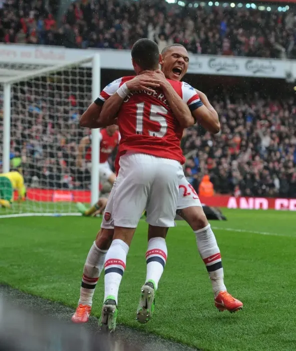Framed Print : Arsenal's Oxlade-Chamberlain and Gibbs Celebrate Second Goal vs Norwich City (2012-13)