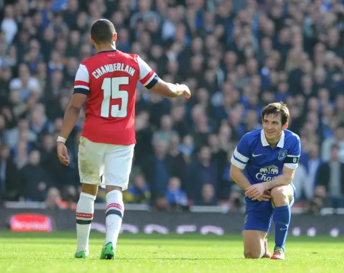 Framed Print : Arsenal's Oxlade-Chamberlain Offers A Hand to Everton's Baines in FA Cup Quarter-Final