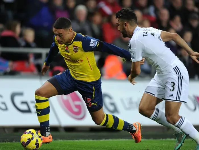 Framed Print : Arsenal's Oxlade-Chamberlain Outmaneuvers Swansea's Taylor in Premier League Clash (Swansea v Arsenal 2014-15) Framed Print : Arsenal's Oxlade-Chamberlain Outmaneuvers Swansea's Taylor in Premier League Clash (Swansea v Arsenal 2014-15)
