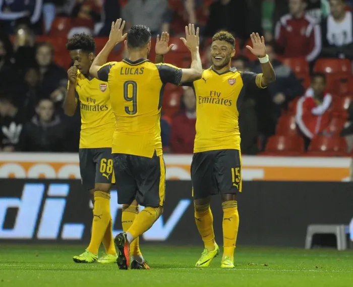 Framed Print : Arsenal's Oxlade-Chamberlain and Perez Celebrate Goals in EFL Cup Victory over Nottingham Forest Framed Print : Arsenal's Oxlade-Chamberlain and Perez Celebrate Goals in EFL Cup Victory over Nottingham Forest
