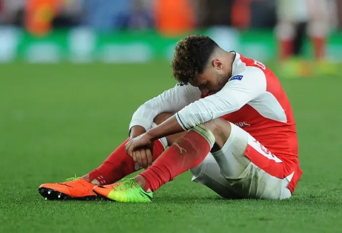 Framed Print : Arsenal's Oxlade-Chamberlain Reacts After Arsenal FC vs. FC Bayern Munich, UEFA Champions League 2016-17 (Second Leg, Emirates Stadium)