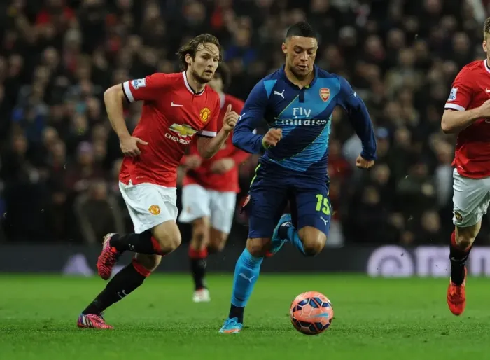 Framed Print : Arsenal's Oxlade-Chamberlain Tackles Manchester United's Blind in FA Cup Quarterfinal Showdown