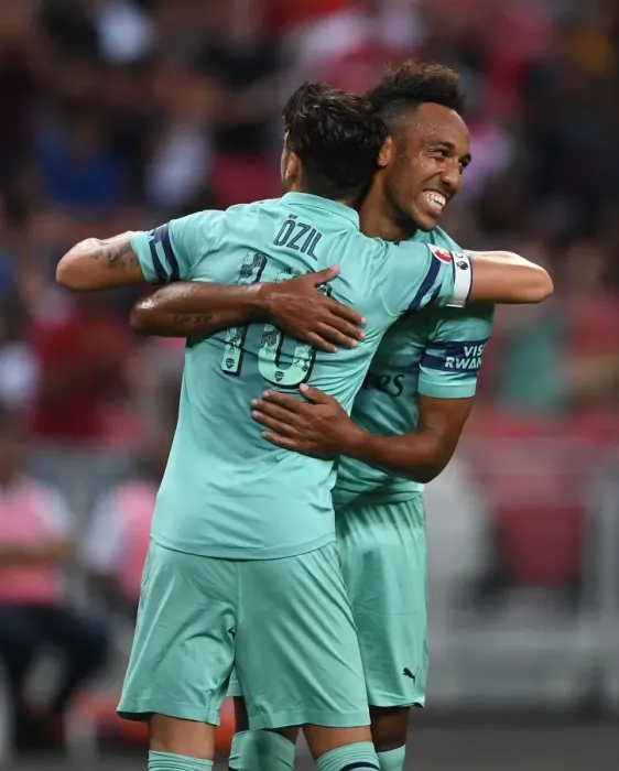 Framed Print : Arsenal's Ozil and Aubameyang Celebrate Goal in Arsenal vs. Paris Saint-Germain International Champions Cup 2018