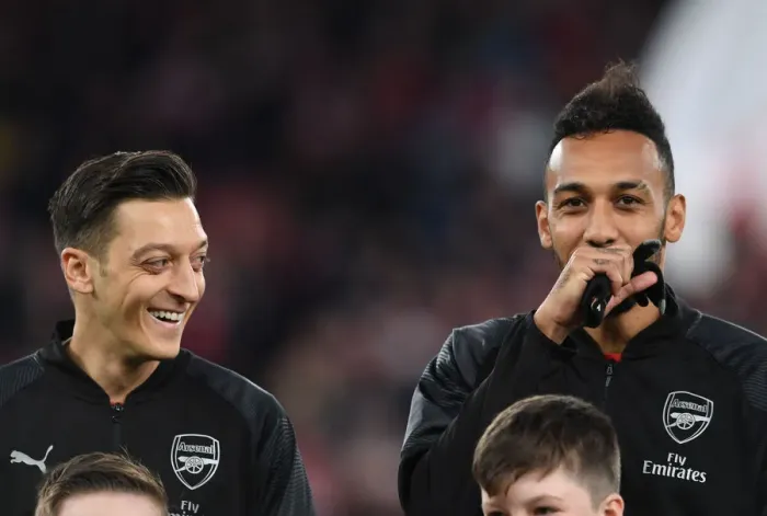Framed Print : Arsenal's Ozil and Aubameyang Before Europa League Clash vs. Napoli Framed Print : Arsenal's Ozil and Aubameyang Before Europa League Clash vs. Napoli
