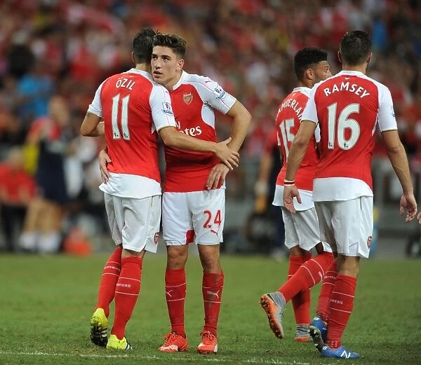 Arsenal's Ozil and Bellerin: Celebrating a Goal at the 2015 Asia Trophy vs Everton
