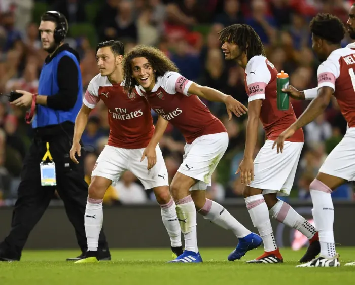 Framed Print : Arsenal's Ozil, Guendouzi, and Elneny Train Together During Arsenal v Chelsea Pre-Season Friendly (2018-19)