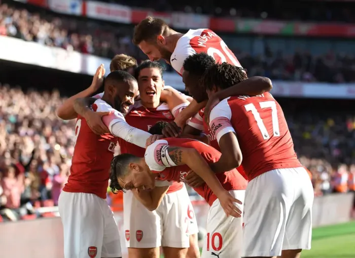 Framed Print : Arsenal's Ozil, Lacazette, Bellerin, and Mustafi Celebrate Goals Against Watford (2018-19)