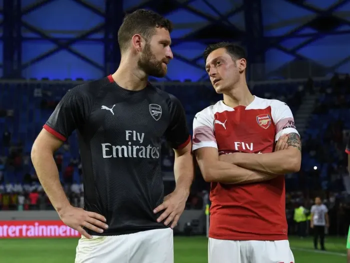 Framed Print : Arsenal's Ozil and Mustafi Posing After Al-Nasr Dubai Friendly Match
