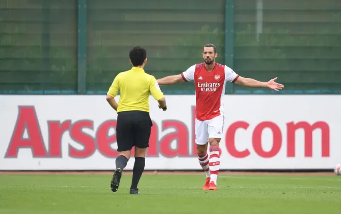 Framed Print : Arsenal's Pablo Mari Disputes Referee's Call During Arsenal vs. Millwall Pre-Season Friendly Framed Print : Arsenal's Pablo Mari Disputes Referee's Call During Arsenal vs. Millwall Pre-Season Friendly