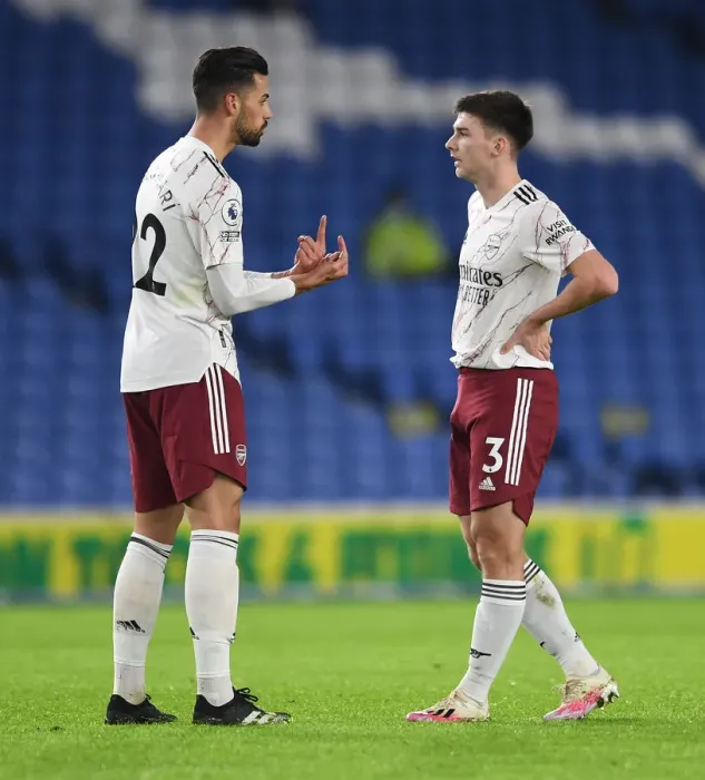 Framed Print : Arsenal's Pablo Mari Gives Instructions to Kieran Tierney during Brighton Match, 2020-21 Premier League