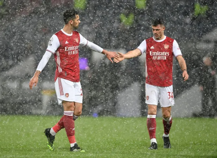 Framed Print : Arsenal's Pablo Mari and Granit Xhaka in Action against West Bromwich Albion (2020-21) Framed Print : Arsenal's Pablo Mari and Granit Xhaka in Action against West Bromwich Albion (2020-21)
