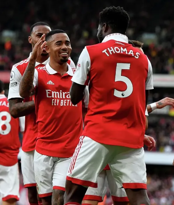 Framed Print : Arsenal's Partey and Jesus: Celebrating Four Goals Against Nottingham Forest (2022-23) Framed Print : Arsenal's Partey and Jesus: Celebrating Four Goals Against Nottingham Forest (2022-23)
