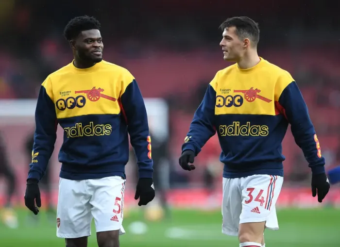 Framed Print : Arsenal's Partey and Xhaka Pre-Match Huddle vs Southampton (Premier League 2021-22) Framed Print : Arsenal's Partey and Xhaka Pre-Match Huddle vs Southampton (Premier League 2021-22)