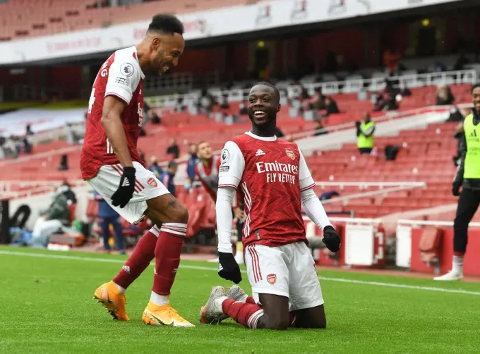 Framed Print : Arsenal's Pepe and Aubameyang: Celebrating a Win Against Sheffield United (2020-21)