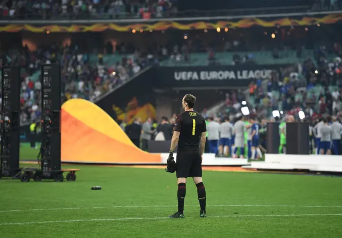Framed Print : Arsenal's Petr Cech in the Aftermath of the Europa League Final Against Chelsea in Baku Framed Print : Arsenal's Petr Cech in the Aftermath of the Europa League Final Against Chelsea in Baku