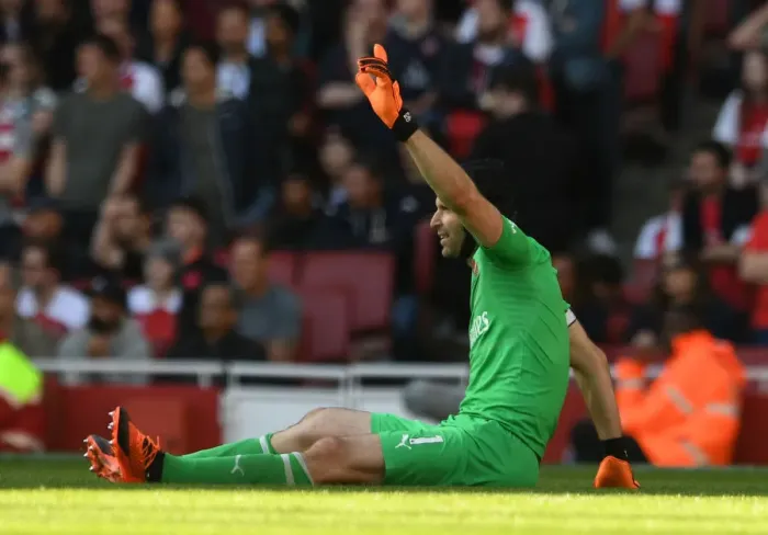 Framed Print : Arsenal's Petr Cech Signals Injury During Arsenal v Watford Premier League Match