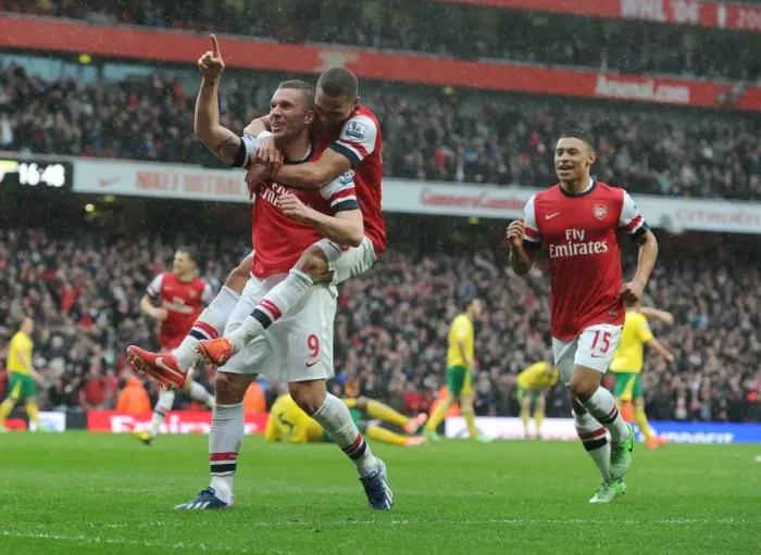 Framed Print : Arsenal's Podolski Scores Third Goal vs. Norwich City (2012-13)