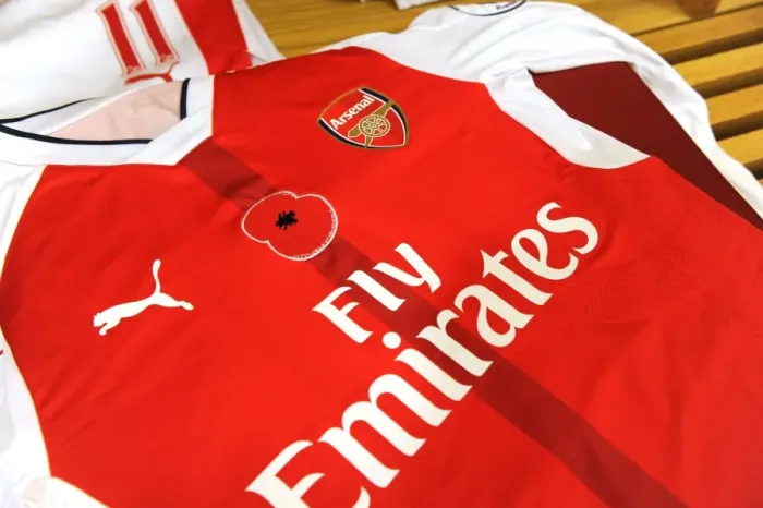Framed Print : Arsenal's Poppy-Emblazoned Jerseys in Home Changing Room Before Arsenal vs. Tottenham Premier League Clash (2016-17) Framed Print : Arsenal's Poppy-Emblazoned Jerseys in Home Changing Room Before Arsenal vs. Tottenham Premier League Clash (2016-17)